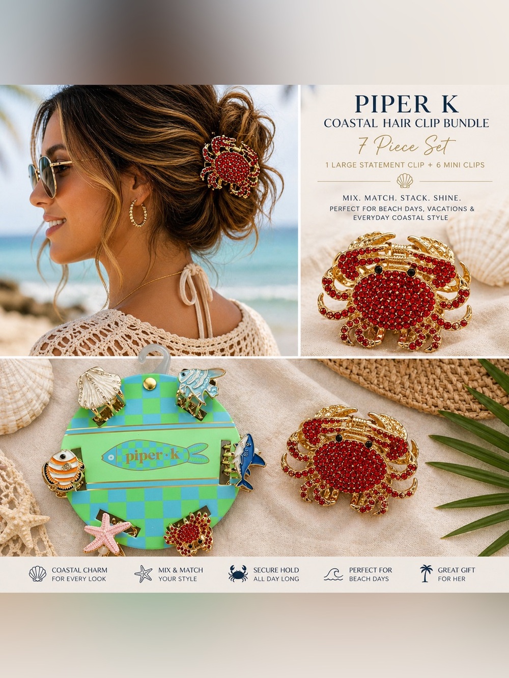 Coastal Hair Clips ✨ Red Crystal Crab 🦀 Hair Clip with 6 Pack of Mini Clips 🏝️